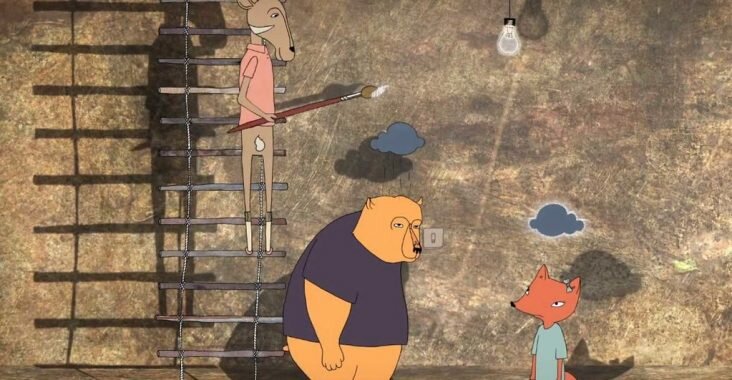 A screenshot from Brene Brown's video on empathy. It shows a bear and fox empathizing about being in a hole together, while a gazelle looks on.