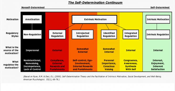 The self-determination continuum, ranging from external motivators (rewards and punishments) to intrinsic motivators (interest, enjoyment, and inherent satisfaction)